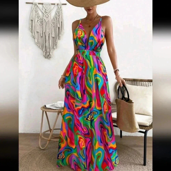 Summer Maxi Crisscross Backless Spaghetti Strap Dress With Random - Picture 2 of 5